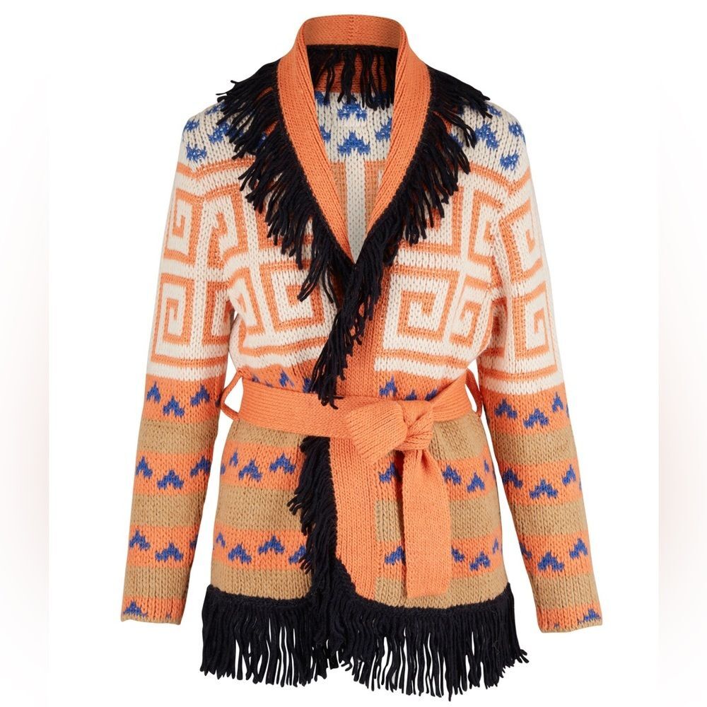 MOTHER Orange, Black & Blue Fringed Knit Belted Cardigan